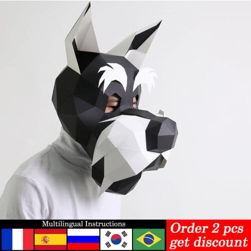 Pre-cut Schnauzer Dog Animal Adult Head Mask Paper Model,3D Low-poly Papercraft,Party Cosplay Prop,Handmade DIY Craft Toy RTY088