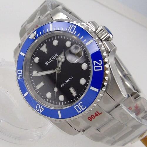 40mm Bliger Automatic Mens Watch Genuine NH35/Miyota 8215 Movement Black Dial Date Cyclops 904L Steel Bracelet Sapphire Glass
