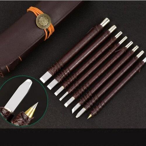 Carving Knife Set Tungsten Steel Leather Handle 8 Pieces Stone Carving Tool Set Stone Chisel Wood Carving Character Sharp Tool