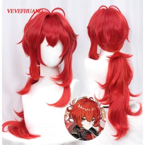 VEVEFHUANG Kосплей Game Genshin Impact Diluc Cosplay Wigs Red Long парик Ponytail Heat Resistant Synthetic Hair Xmas Halloween