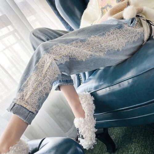 Plus Size 2021 Lace Floral Crochet Hollow-Out Jeans Autumn Women Elegant Sexy Denim Pencil Skinny Jeans