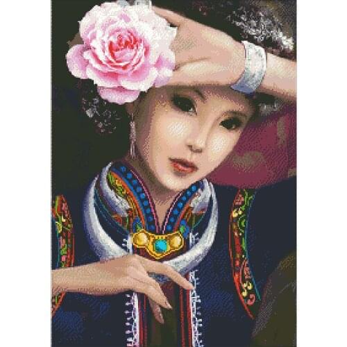 DIY Bead embroidery Girl With Color Printed Pattern Flower Home decoration for Adult pearls for needlework 22.9"X31.9"