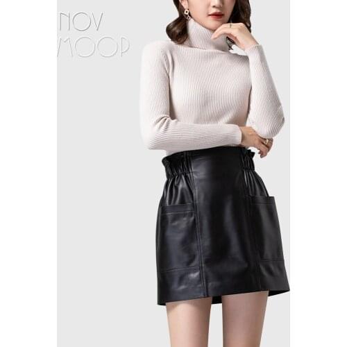 Novmoop sweet lady mini bud skirt soft sheepskin genuine leather comes in 4 colors easy to wear style jupe LT3426