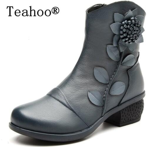 2017 New Vintage Casual Style Women Winter Boots Flat Booties Soft Cowhide Womens Shoes Front Zip Ankle Boots Red zapatos mujer