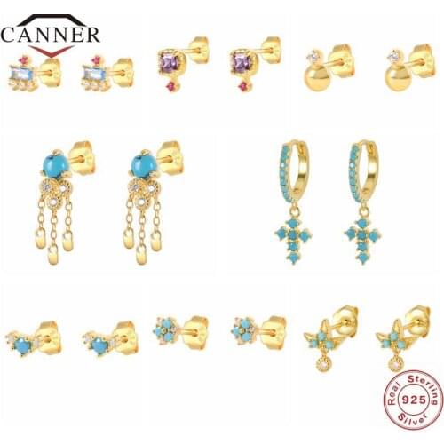 CANNER Real Small Turquoise 925 Sterling Silver Piercing Cartilage Stud Earrings for Women Earings Silver 925 Fine Jewelry Gifts