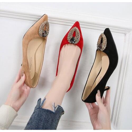 Grace Woman Shoes 5cm Mid High Heels Diamond Decoration Suede Shallow mouth High Heels Shoes Fashion work femme Pump Summer 2021