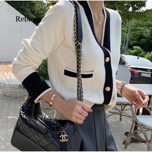 Vintage Ladies Knitted Cardigans Sweaters Women Long Sleeve V-neck Korean Office Fashion Slim Tops Cardigans Autumn Winter