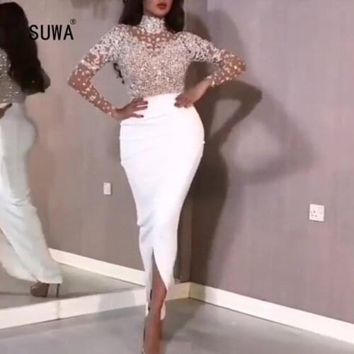 Diamonds Spliced High Waist Sheath Slim-fit Vestidos Evening Party Spring Women Long Sleeve Split Side Robe Femme Gowns