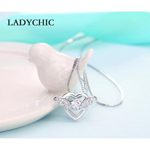 LADYCHIC Trendy Love Heart Crystal Pendant Angel Wings Silver Color Necklace for Women Girl Festival Gift Drop Shipping LN1118