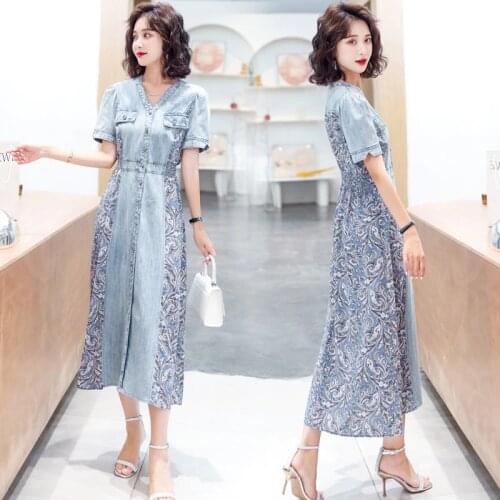 Vintage Denim Dress 2020 Fashion Korean Sundress Short Sleeves V-Neck Dress Floral Chiffon Patchwork Robe En Jeans Femme AA5450