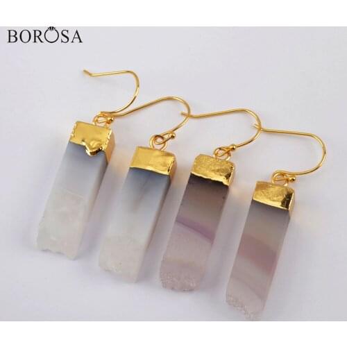 BOROSA Gold Rectangle Drop Earrings with Natural Agates Fashion Druzy Geode Agates Dangle Earrings Women Jewelry Gifts G1968