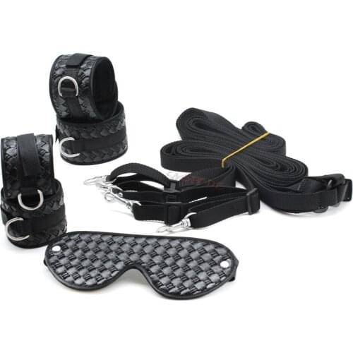 2017 Smspade New Arrival Black PU Sex Underbed Bondage Restraints Kit Fetish Handcuffs Ankle cuffs Blindfold Fabric Belt Sex Toy