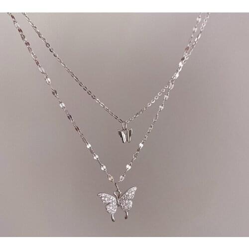 2 Layer Butterfly Necklace with Crystal 2 Dainty Small Butterflies Jewellry with Double Chain Bridesmaid Gift Choker Layering