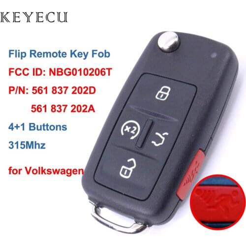Keyecu Flip Remote Car Key Fob 5 Buttons 315MHz for Volkswagen VW FCC ID: NBG010206T, P/N: 561 837 202 D, 561 837 202 A