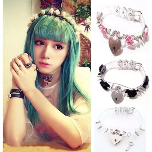 Kawaii Hot Sale Heart Choker, Double Spikes Clear Safe Heart Choker Flower Locket Key Collar Necklace