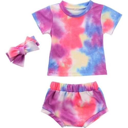 1-3Years Infant Baby Girls Clothes Sets Printed Short Sleeve Pullover T Shirts Tops Shorts Headband