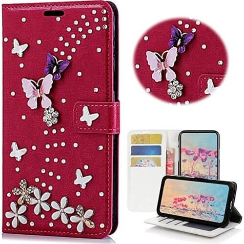 DIY Bling Diamond Crystal Flower butterfly Card Slot Flip Wallet Leather Case Cover For Iphone 11 Pro XS Max XR X 8 7 6 6S Plus
