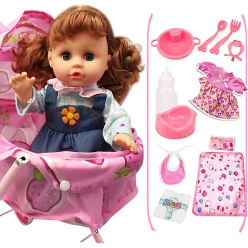 Children reborn baby doll talking feeding girl with Stroller Trolley can blink bathe water pee bebes reborn vinyl doll