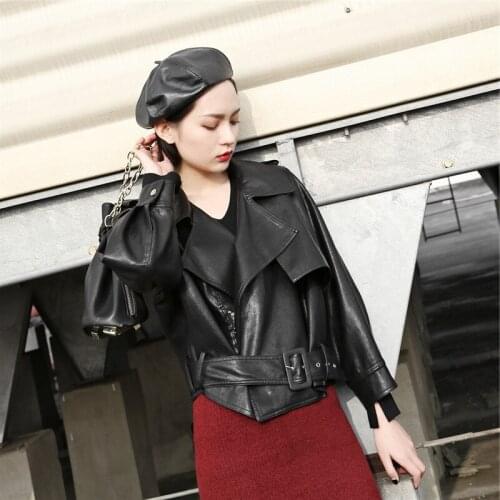 Spring Women Fashion Lapel Loose Plus size Short Faux Leather jacket With belt Autumn Female Streetwear Motorcycle Biker jacket