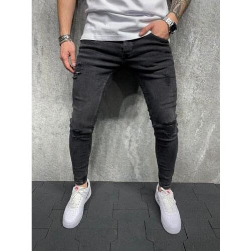 Men Mid Waist Skinny Jeans Solid Color Washed Casual Daily Wild Slim Stretch Ripped Pencil Pants Trousers with Pockets