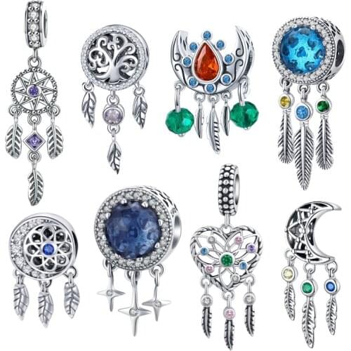BISAER 925 Sterling Silver Beads Dreamcatcher Charms Dream catcher Beads Fit Charm Silver 925 Bracelet Vintage Jewelry ECC330