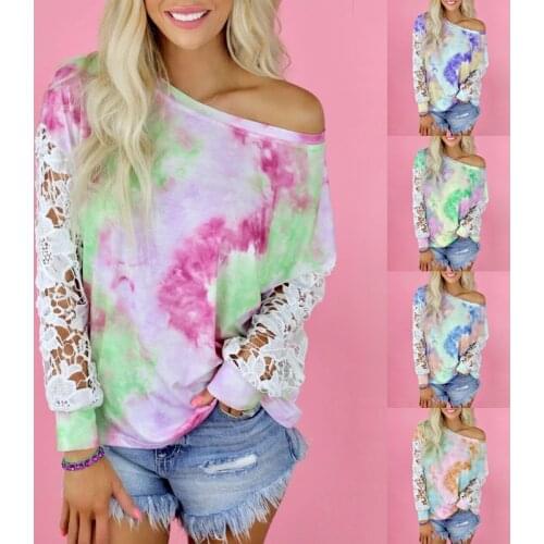 Summer Autumn Style Tie-dye Printing Casual Loose Round Neck Large Size Womens T-shirt, Long-sleeved Lace Stitching T-shirt Top