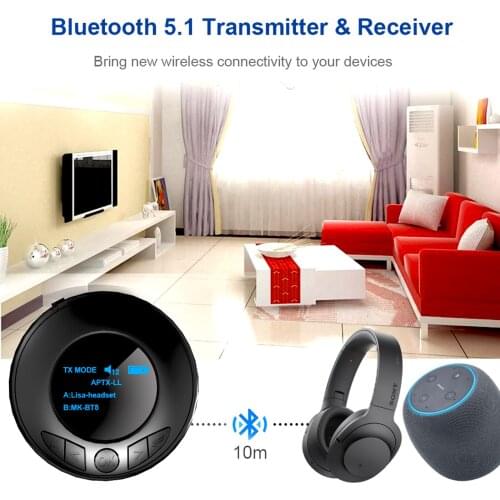 Bluetooth 5.0 Transmitter Receiver Wireless Audio Adapter Support RX TX Two Modes For Car TV PC Headphone With Display Black
