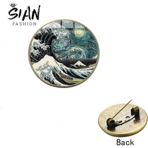 SIAN Kanagawa Surfing Wave Brooch Art Painting Glass Round Metal Bag Clothes Lapel Pin Badge Ocean Freedom Jewelry Gift for Kids