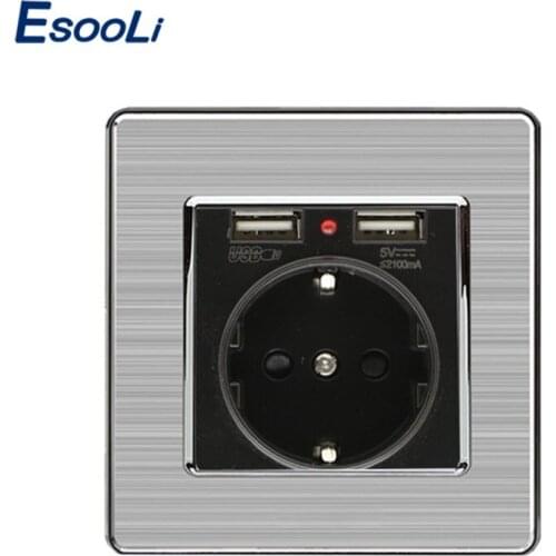 Esooli Black Dual USB Charging Port 5V 2.1A Wall Charger Adapter LED Indicator 16A EU Socket Power Outlet Stainless Steel