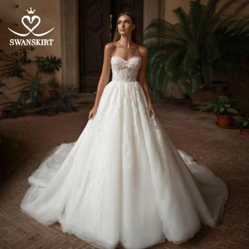 Sleeveless Wedding Dress SwanSarah I208 Strapless Appliques Beaded A-Line Princess Chapel Train Bridal Gown Vestido De Noiva