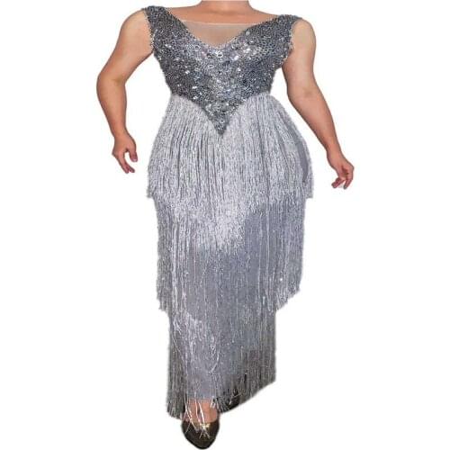 V27 Singer stage performance costumes sleeveless female rhinestones evening tassel long dress crystal diamonds skirt disco wears