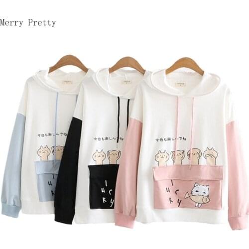 Womens Hooded Sweatshirt Cartoon Cat Print Harajuku Cute Hoodies 2020 Spring Long Sleeve Patchwork Pullovers With Pocket