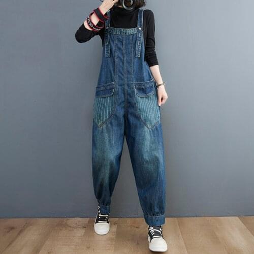 #2395 Spring 2021 Denim Jumpsuits Women Front Pockets Casual Long Jumpsuits Ladies Loose Spaghetti Strap Denim Overalls Female