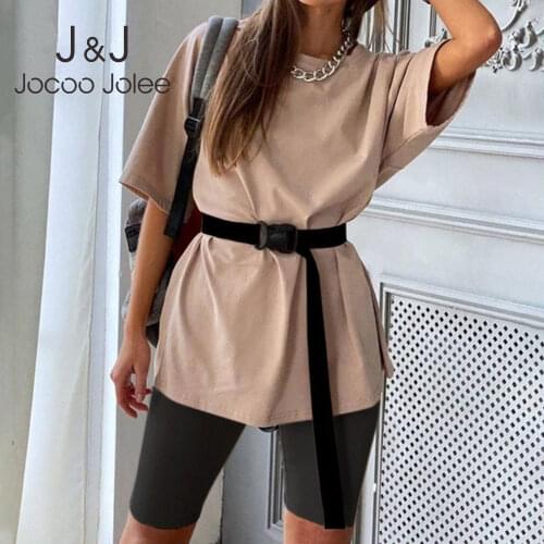 Casual Solid Outfits Womens Two Piece Suit with Belt O Neck Loose T Shirt Sets Homewear Streetwear Joggers Tracksuits 2020 New