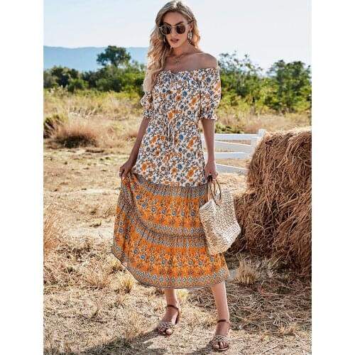 Happie Queens women floral print short sleeve beach Bohemian happie maxi dress Ladies off shoulder Boho dress vestidos