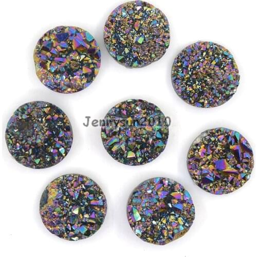 12mm Metallic Multi-Colored (No Hole) Druzy Quartz Ag-ate Flat Back Connector Round Cabochon Beads Jewelry 10 Pcs /Pack