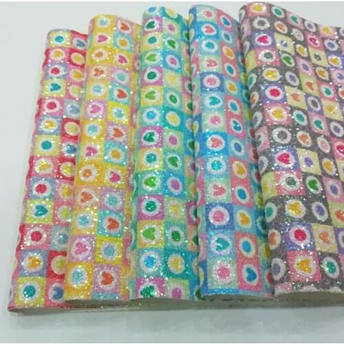 Colorful Shiny Sparkling Multicolored Heart Pattern Printed Chunky Glitter Faux Leather Fabric Sheet for Making Shoe/Bag/Craft