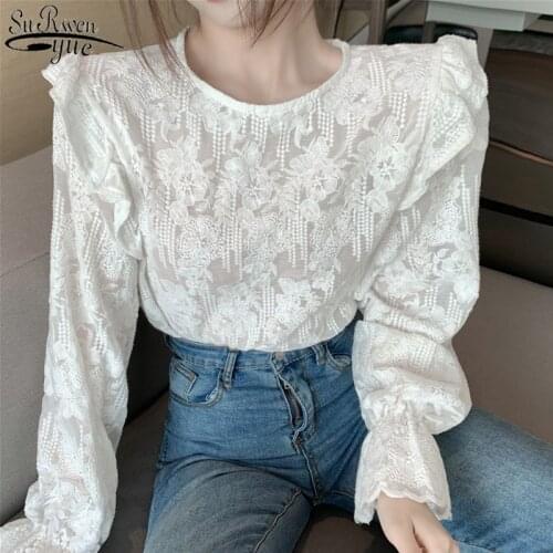 Apricot Color Flare Long Sleeve Lace Embroidered Womens Shirts Loose Korean Style Sweet Blouse Women Fashion Tops Female 11615