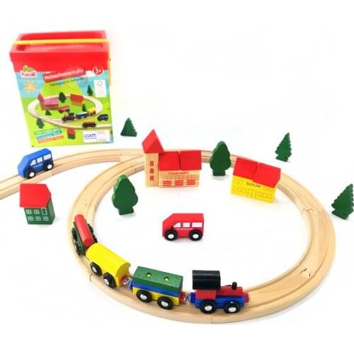 Wooden Train Rail Car Set Magnetic Wooden Train+Scene+Track Set Childrens Assembled Toy Car Compatible with Brio Track