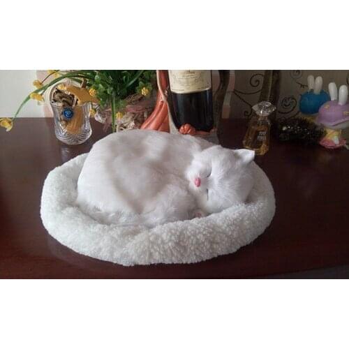 25x20cm simulation sleeping cat with mat model toy,polyethylene&furs white breathing cat ,prop,home decoration,Xmas gift 1755