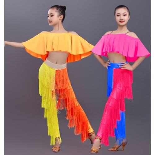 New Latin Dance Clothing Set Girls Yellow Cropped Tops Fringed Trousers Suit Children Performance Dress Competition Costume 3482