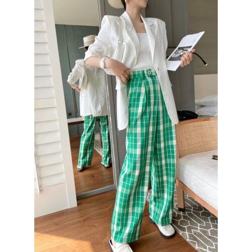 Fashion 2021 Spring Casual New Women Green Plaid Straight Long Trouse Ladies Luxury Pants Ddxgz2 4.22
