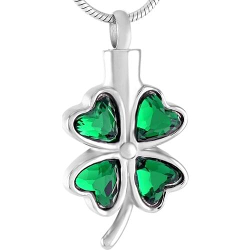 IJD8223 Green Crystal Four Leaf Clover Stainless Steel Memorial Urn Jewelry Ashes Holder Cremation Keepsake Neckalce For Women