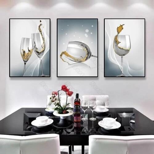Nordic Style Canvas Painting Wall Poster Red Wine Glasses with Art Golden Fluid for Living Room Bedroom Restaurant Wall Decor