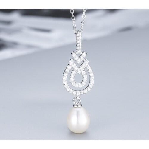 MADALENA SARARA Sterling Silver S925 9-10mm Freshwater Pearl Pendant Women Necklace Cubic Zirconia Key Style Chain Necklace