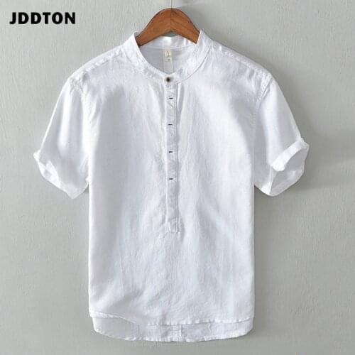 JDDTON Men Casual Shirt Cotton Solid Color Long Sleeve Blouse Chic Stand Collar Fashion Handsome Tops Streetwear JE662