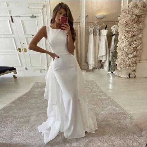 Modest Sheath Wedding Dresses Jewel Detachable Train Organza Bridal Gown Sleeveless Tulle Wedding Dress Custom Made