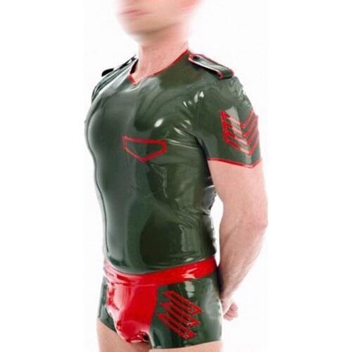 Sexy rubber tight catsuit army green garment bodysuit latex top+panties for men plus size Hot sale Customize service