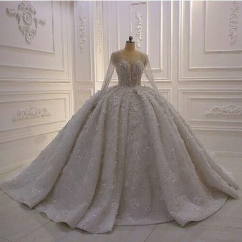 New Wedding Dresses Lace Appliques Beading Bridal Gowns Custom Made O-Neck Long Sleeves Sweep Train Ball Gown Wedding Dress