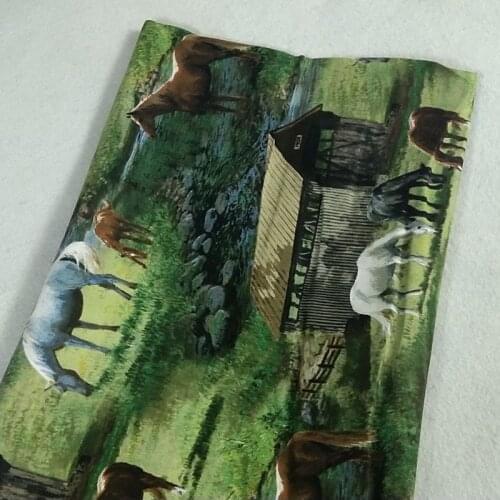 Vivid 3D Green Grass Farm Horse Printed Cotton Fabric 50x105cm Animal Fabric Patchwork for Cloth Dress Party Home Decoration